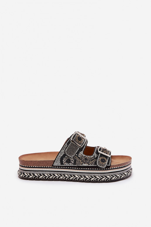 Chanclas con decoración y hebilla en plataforma negras Mellene