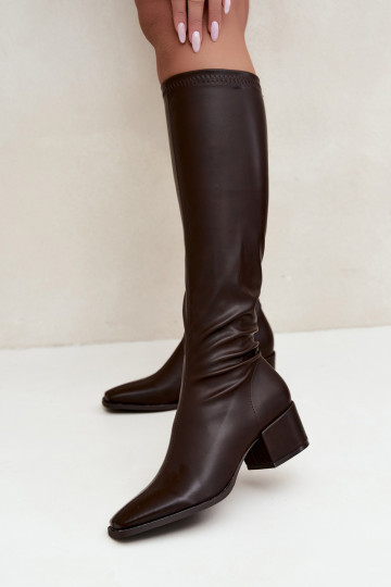 botas altas para mujer con caña atada en tacón bajo de cuero sintético color caramelo Gisellea 2
