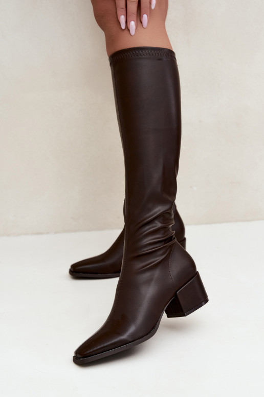 botas altas para mujer con caña atada en tacón bajo de cuero sintético color caramelo Gisellea