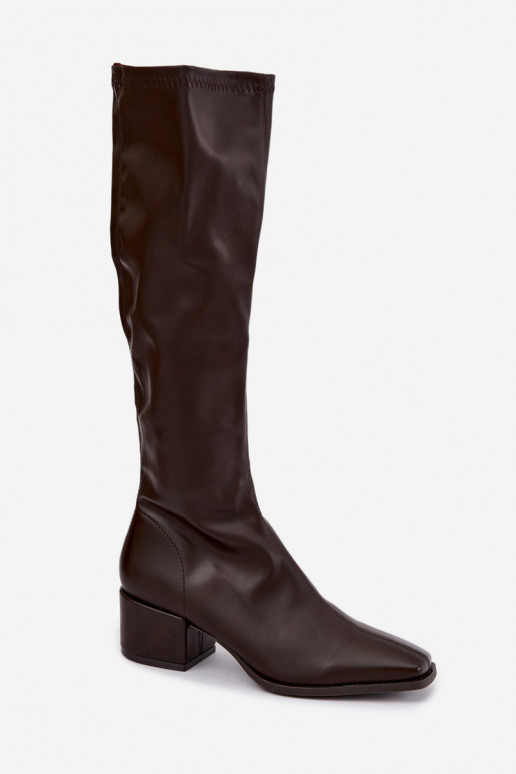 botas altas para mujer con caña atada en tacón bajo de cuero sintético color caramelo Gisellea