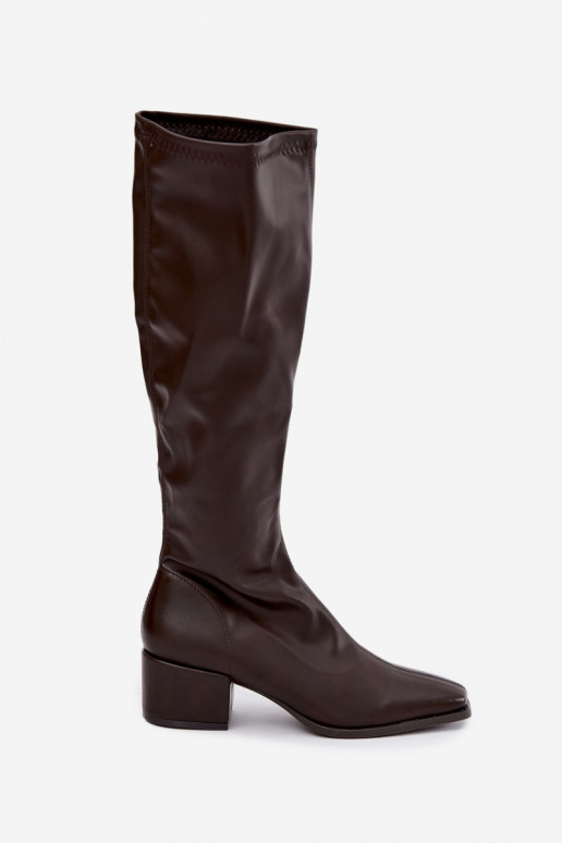 botas altas para mujer con caña atada en tacón bajo de cuero sintético color caramelo Gisellea