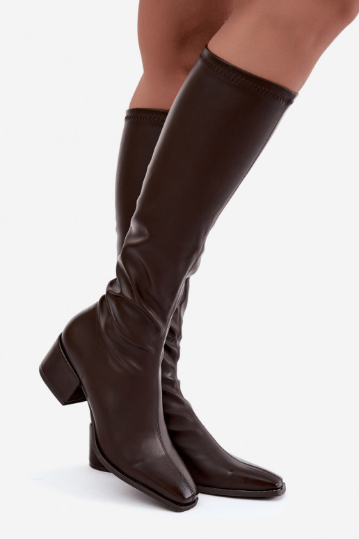 botas altas para mujer con caña atada en tacón bajo de cuero sintético color caramelo Gisellea