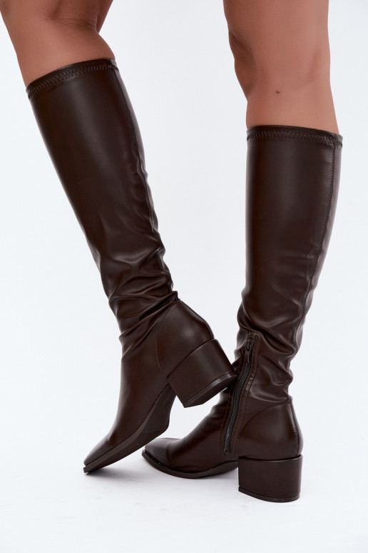 botas altas para mujer con caña atada en tacón bajo de cuero sintético color caramelo Gisellea