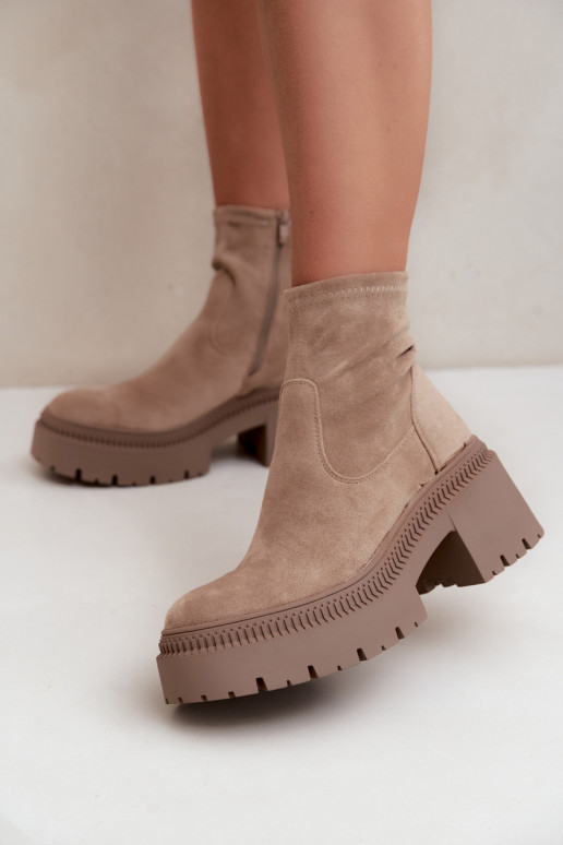 botines para mujer con tacón grueso y plataforma de ante sintético color arena Elvianne