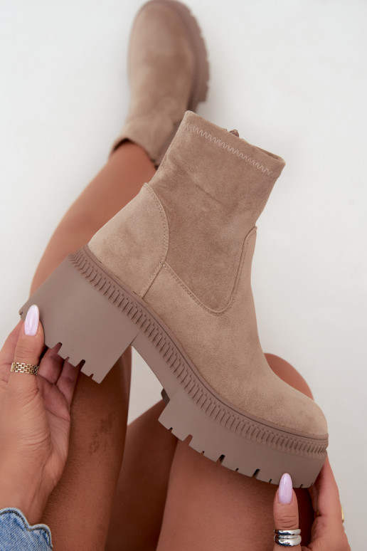 botines para mujer con tacón grueso y plataforma de ante sintético color arena Elvianne