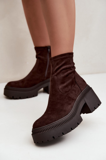 botines para mujer con tacón grueso y plataforma de ante sintético color caramelo Elvianne 2