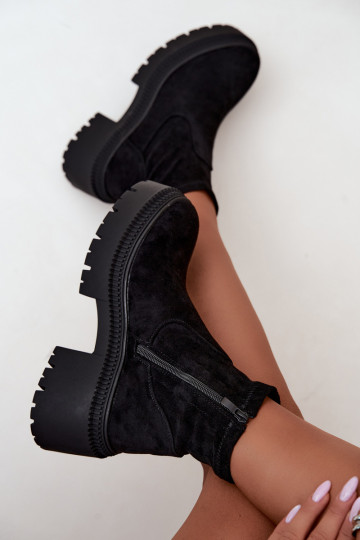 botines para mujer con tacón grueso y plataforma de ante sintético negras Elvianne