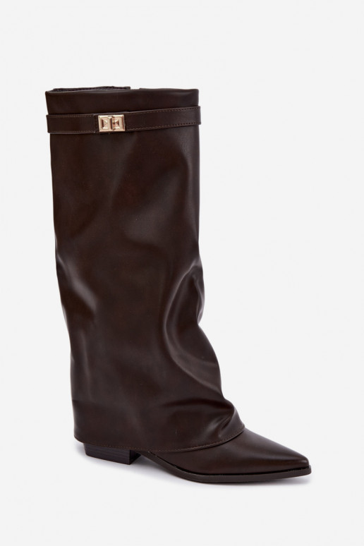 botas altas para mujer con caña atada en tacón bajo de cuero sintético color caramelo Gisellea