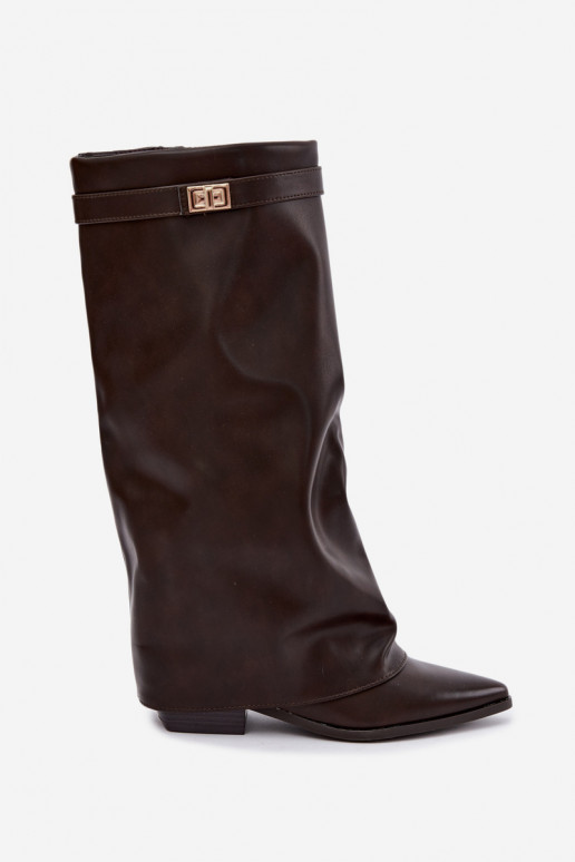 botas altas para mujer con caña atada en tacón bajo de cuero sintético color caramelo Gisellea