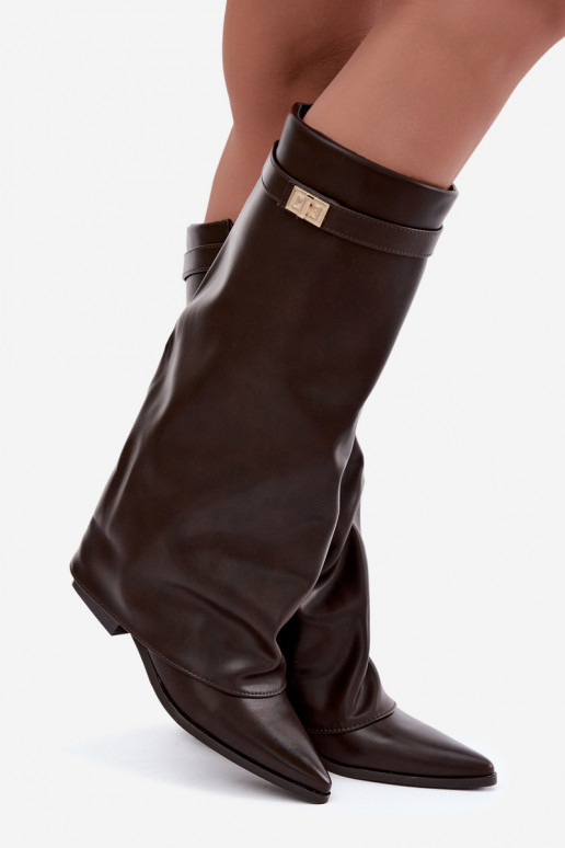botas altas para mujer con caña atada en tacón bajo de cuero sintético color caramelo Gisellea