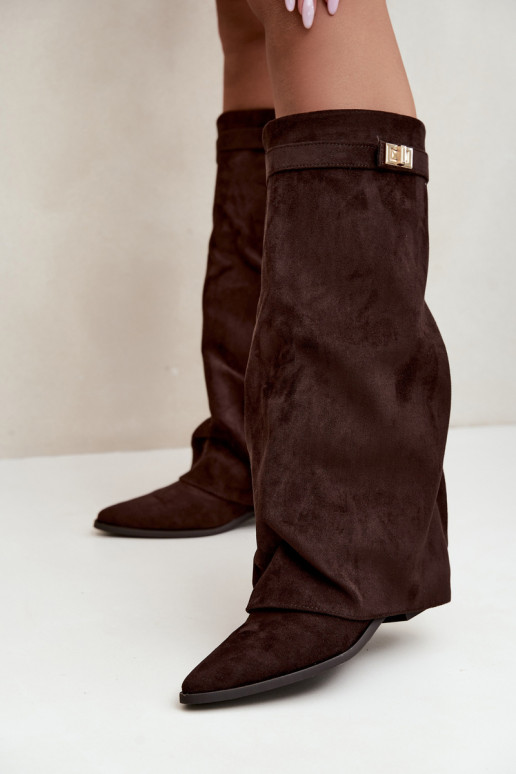 botas altas para mujer con caña atada en tacón bajo de ante sintético color caramelo Gisellea