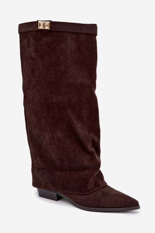 botas altas para mujer con caña atada en tacón bajo de ante sintético color caramelo Gisellea