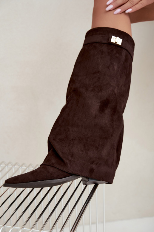 botas altas para mujer con caña atada en tacón bajo de ante sintético color caramelo Gisellea