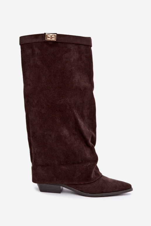 botas altas para mujer con caña atada en tacón bajo de ante sintético color caramelo Gisellea