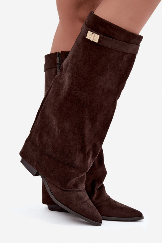 botas altas para mujer con caña atada en tacón bajo de ante sintético color caramelo Gisellea