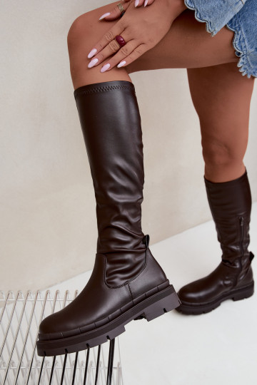 botas altas de mujer con plataforma de cuero sintético CzekoladoĮe