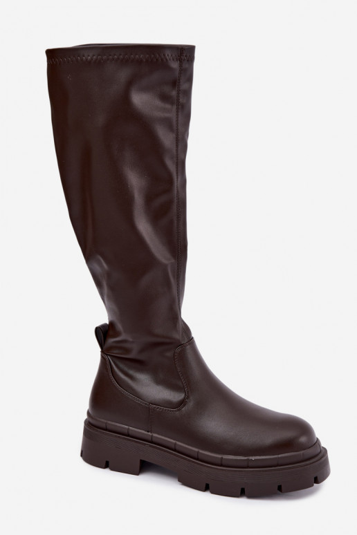 botas altas de mujer con plataforma de cuero sintético CzekoladoĮe