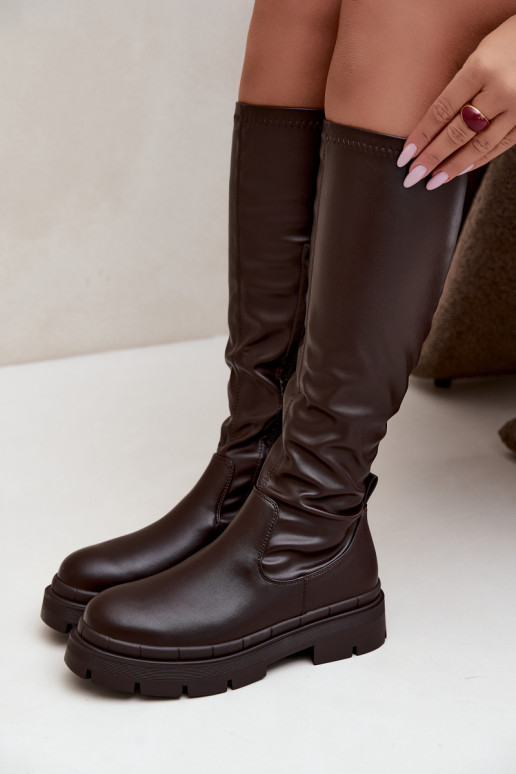 botas altas de mujer con plataforma de cuero sintético CzekoladoĮe