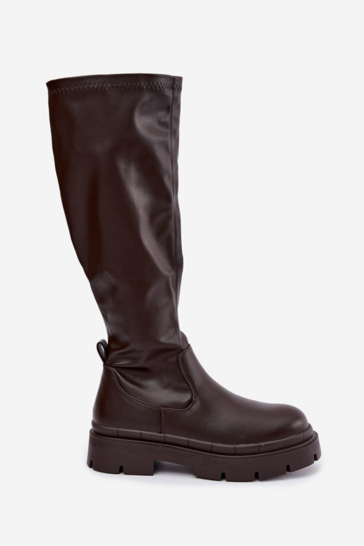 botas altas de mujer con plataforma de cuero sintético CzekoladoĮe