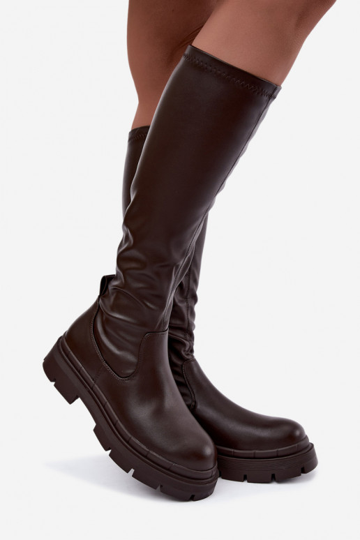 botas altas de mujer con plataforma de cuero sintético CzekoladoĮe