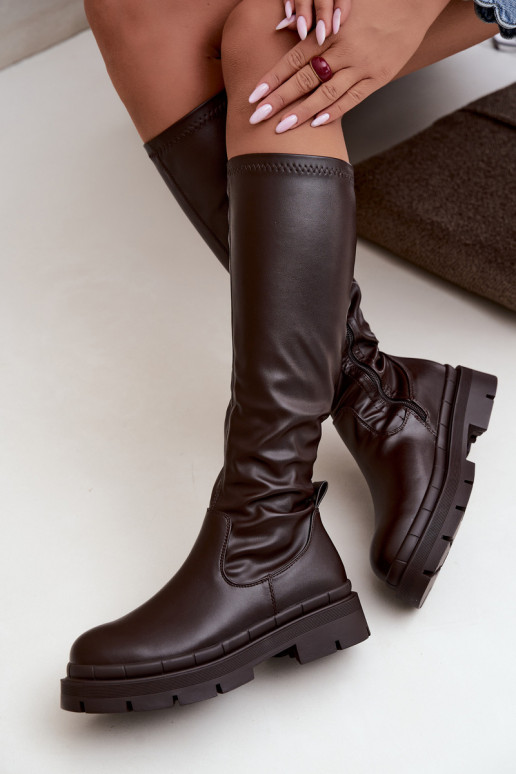 botas altas de mujer con plataforma de cuero sintético CzekoladoĮe
