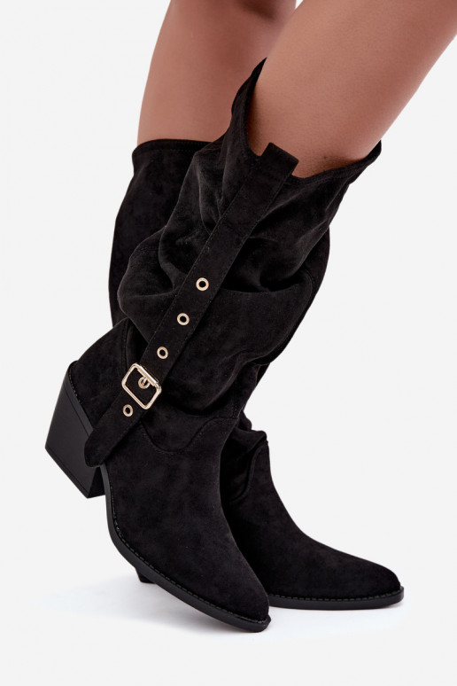 botas altas arrugadas de mujer estilo vaquero con correas y tacones en negro Adria