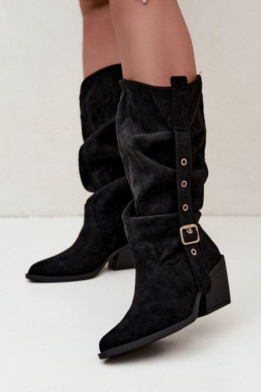 botas altas arrugadas de mujer estilo vaquero con correas y tacones en negro Adria