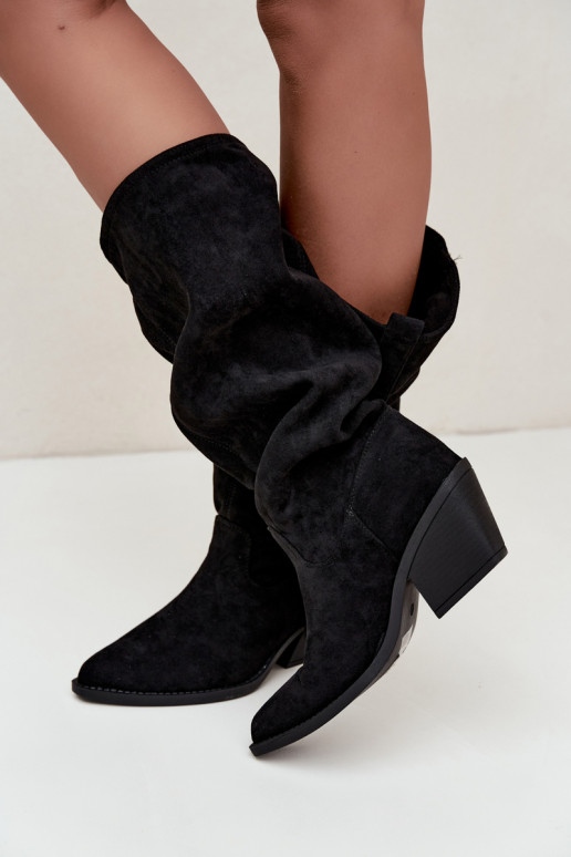 botas altas arrugadas de mujer estilo vaquero con correas y tacones en negro Adria