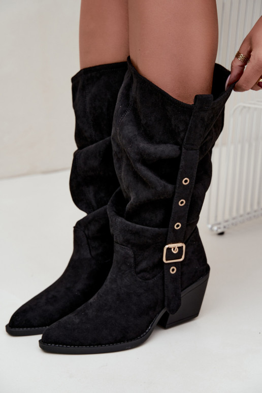 botas altas arrugadas de mujer estilo vaquero con correas y tacones en negro Adria