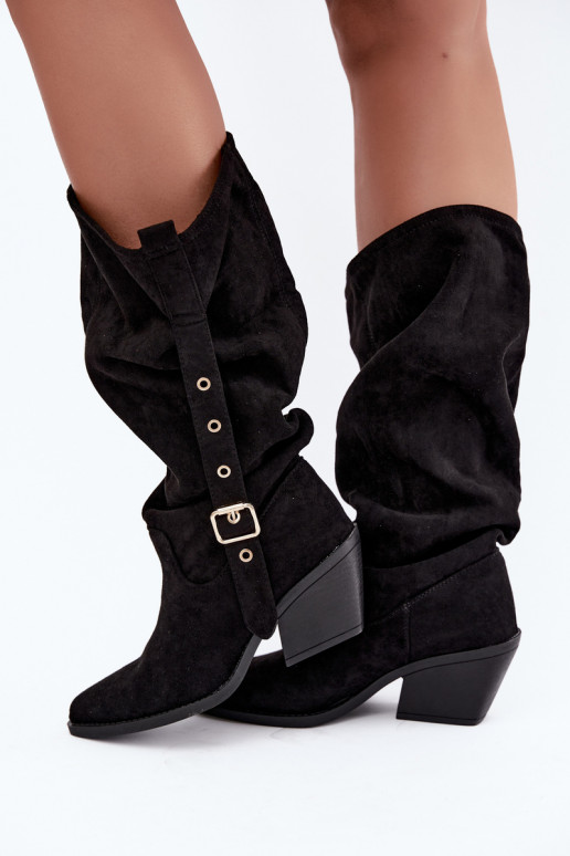 botas altas arrugadas de mujer estilo vaquero con correas y tacones en negro Adria