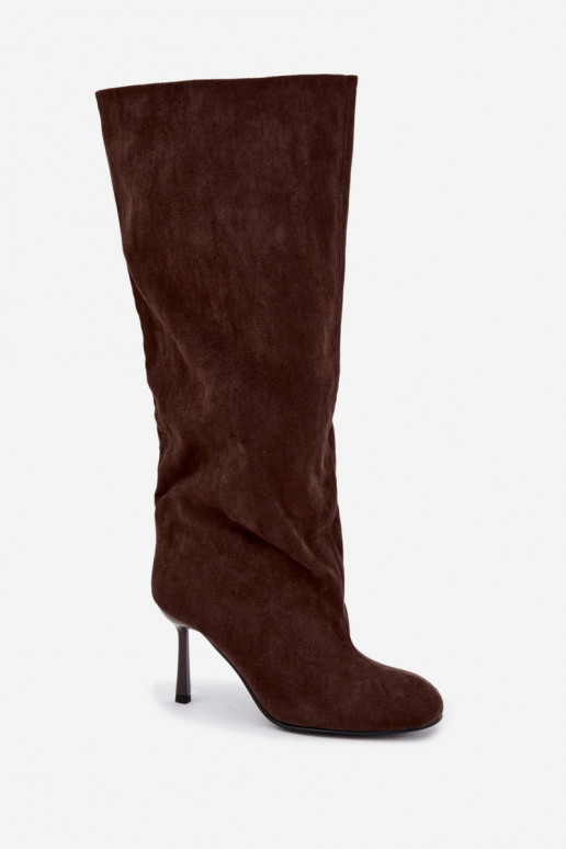 botas altas de mujer tipo slip-on con tacones finos en CzekoladoĮe Caliya