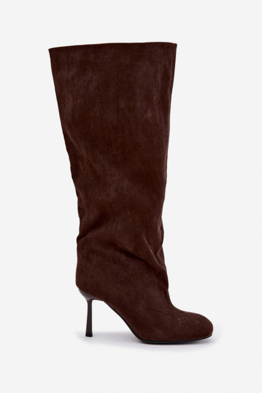 botas altas de mujer tipo slip-on con tacones finos en CzekoladoĮe Caliya