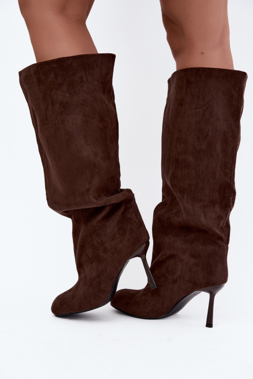 botas altas de mujer tipo slip-on con tacones finos en CzekoladoĮe Caliya