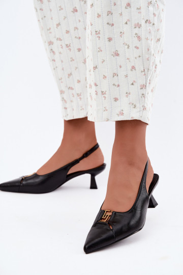 Sandalias de tacón con talón abierto y detalles decorativos en cuero sintético negro Gilly 2