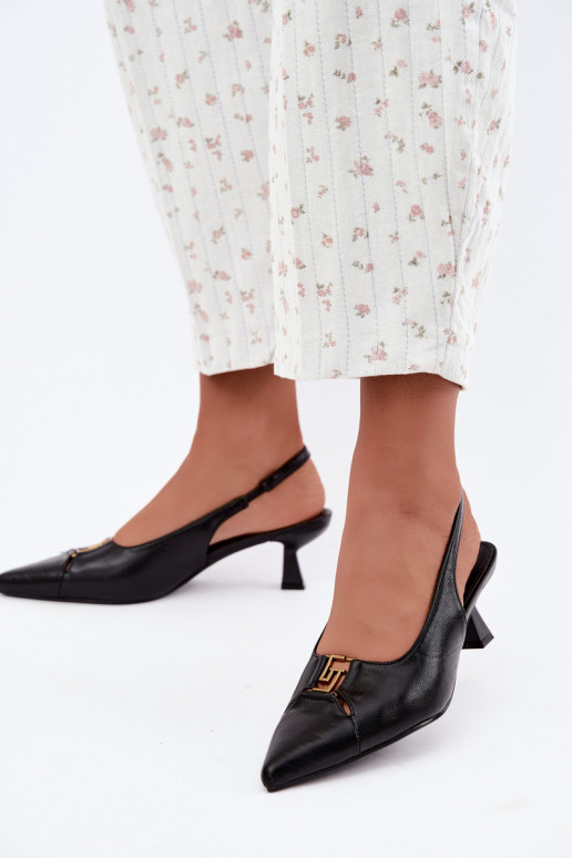 Sandalias de tacón con talón abierto y detalles decorativos en cuero sintético negro Gilly