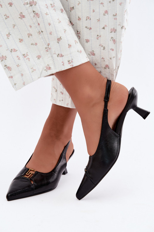Sandalias de tacón con talón abierto y detalles decorativos en cuero sintético negro Gilly