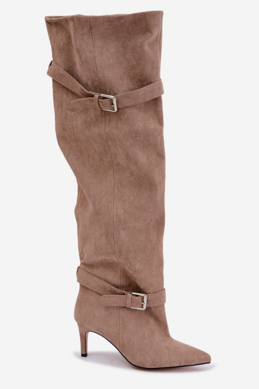 Botas de tacón por encima de la rodilla con correas y hebillas en color arena Tai turibel
