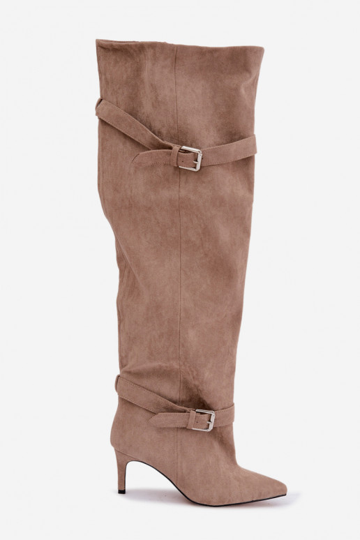 Botas de tacón por encima de la rodilla con correas y hebillas en color arena Tai turibel