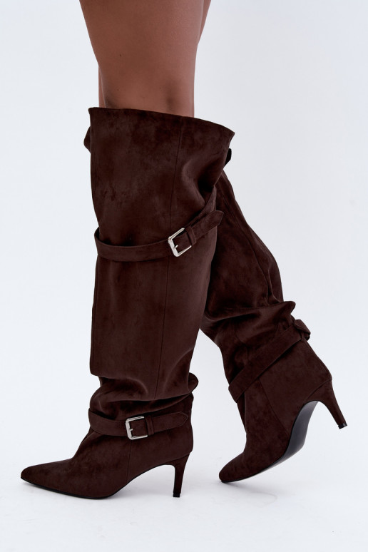 Botas de tacón por encima de la rodilla con correas y hebillas en color chocolate Tai turibel