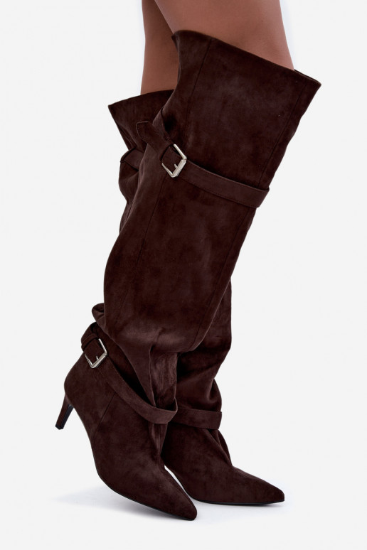 Botas de tacón por encima de la rodilla con correas y hebillas en color chocolate Tai turibel