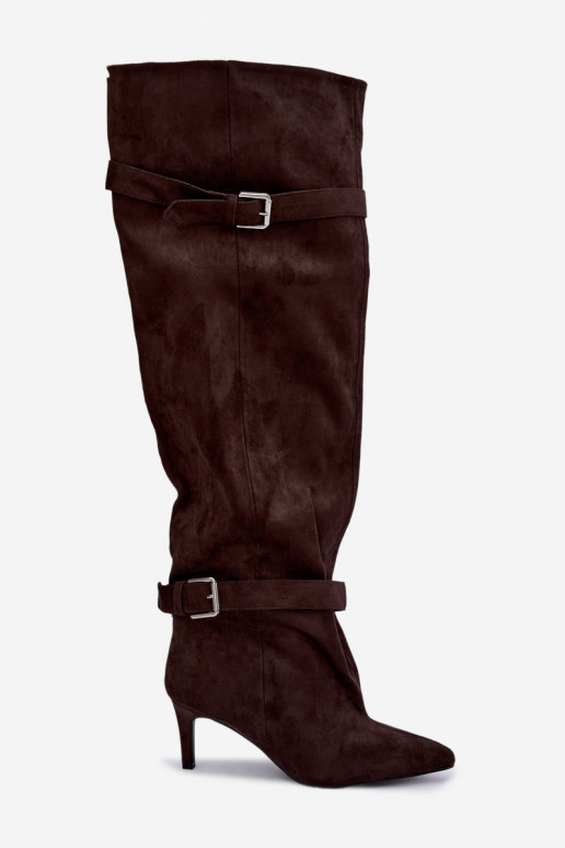 Botas de tacón por encima de la rodilla con correas y hebillas en color chocolate Tai turibel