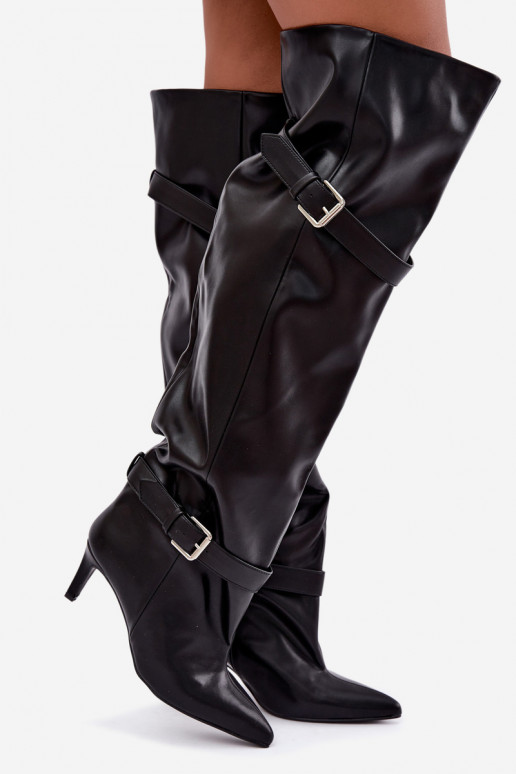 Botas de tacón por encima de la rodilla con correas y hebillas en color negro Tai turibel