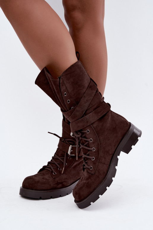 botas de trabajo acolchadas de tobillo con hebillas en color chocolate Patsy
