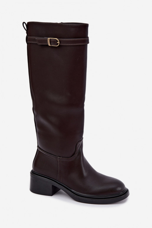 botas altas de mujer con tacón bajo y hebillas en color chocolate Orlisa