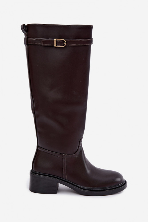 botas altas de mujer con tacón bajo y hebillas en color chocolate Orlisa