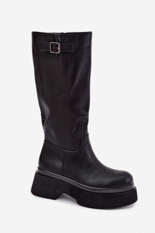 botas altas de mujer con plataforma y hebillas en color negro Fenley