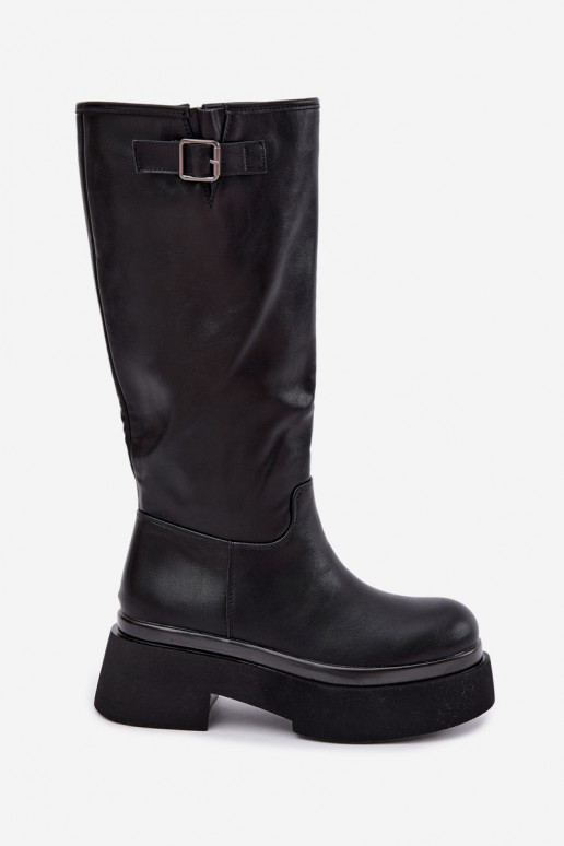 botas altas de mujer con plataforma y hebillas en color negro Fenley