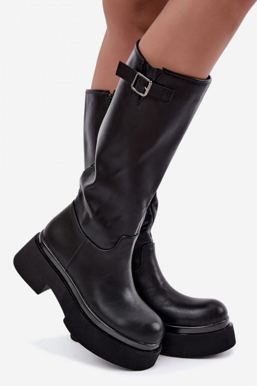 botas altas de mujer con plataforma y hebillas en color negro Fenley