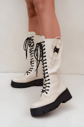 botas altas de mujer acolchadas con cordones y plataforma en color arena Galvia 2