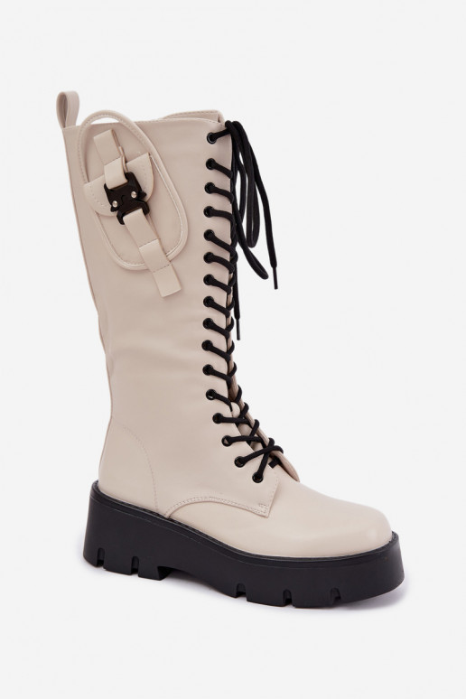 botas altas de mujer acolchadas con cordones y plataforma en color arena Galvia